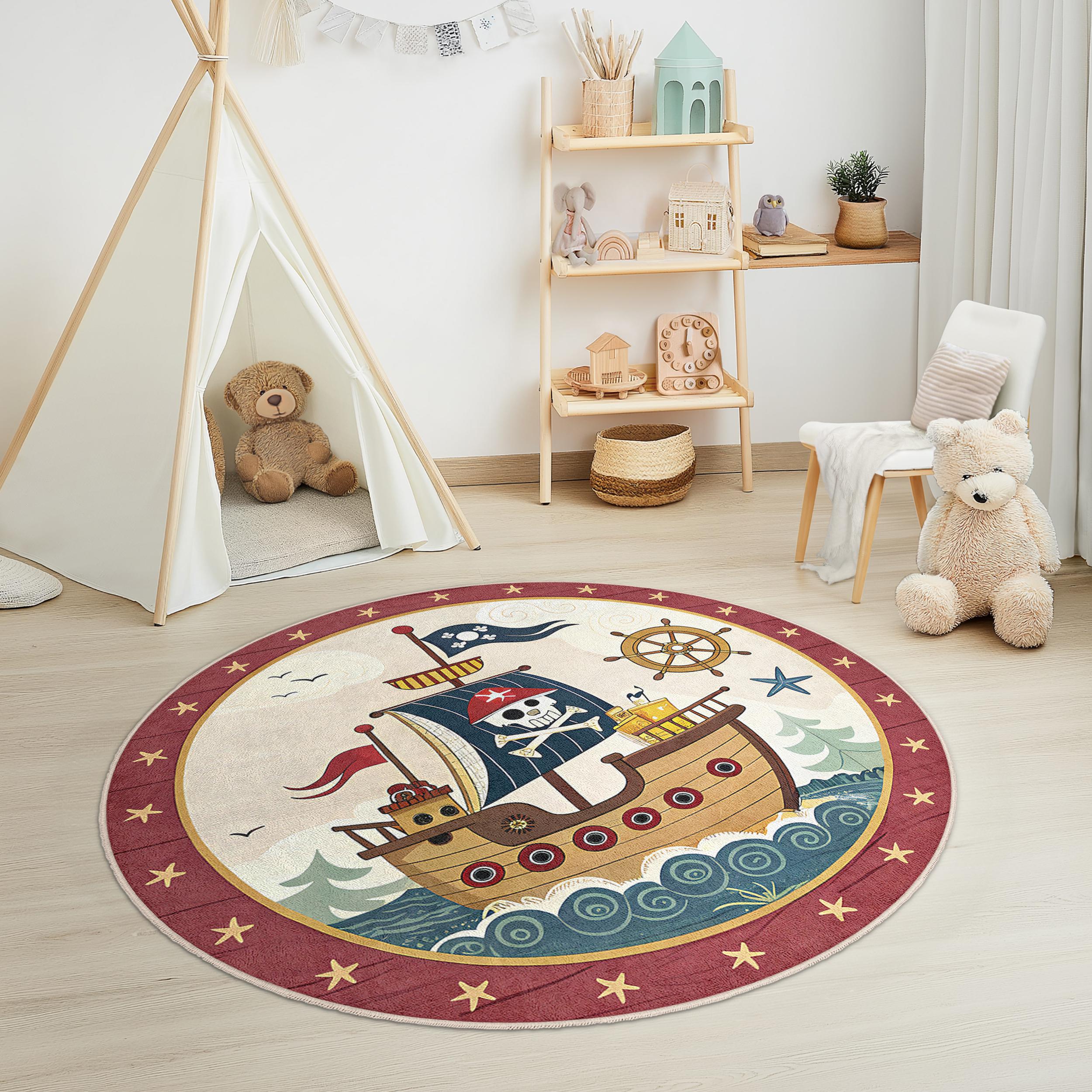 Pirate Ship Adventure Kids Round Rug - Nautical Playroom Carpet - Red ...