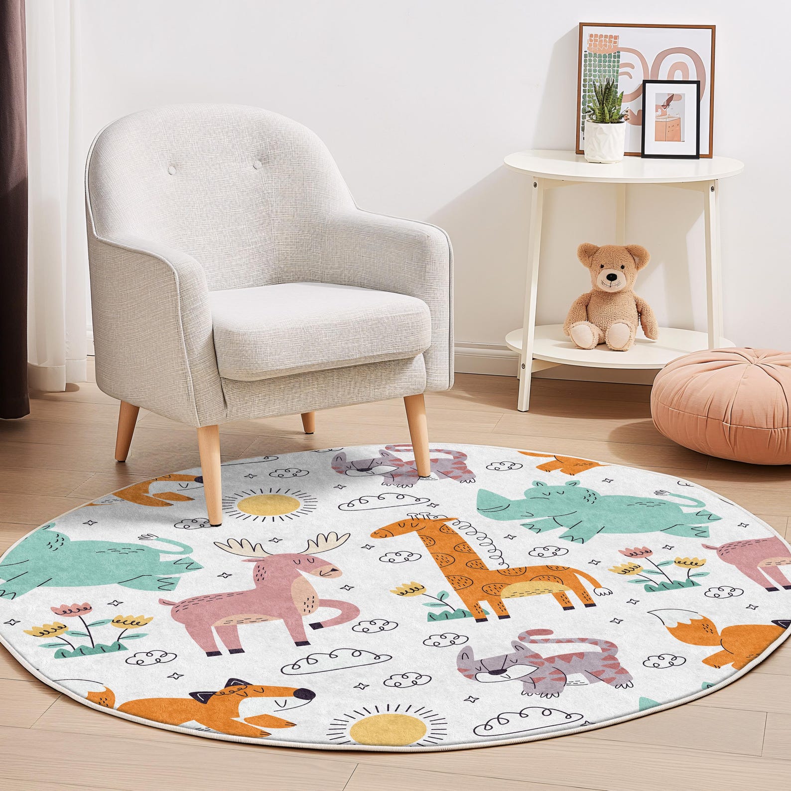 Woodland Animals Nursery Rug | Round Area Carpet for Kids Room | Cute ...