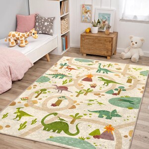 Speelkamertapijt dinosaurusavontuur voor kinderen – Tapijt uit prehistorische junglescène voor kinderkamer, jongenskamer – Leuk ontwerp dinosauruspadkaart