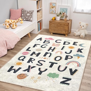 Alfombra infantil con aprendizaje del alfabeto - Moderna alfombra celestial con el alfabeto - Decoración educativa para dormitorio infantil - Alfombra de juegos con arcoíris, luna y estrellas