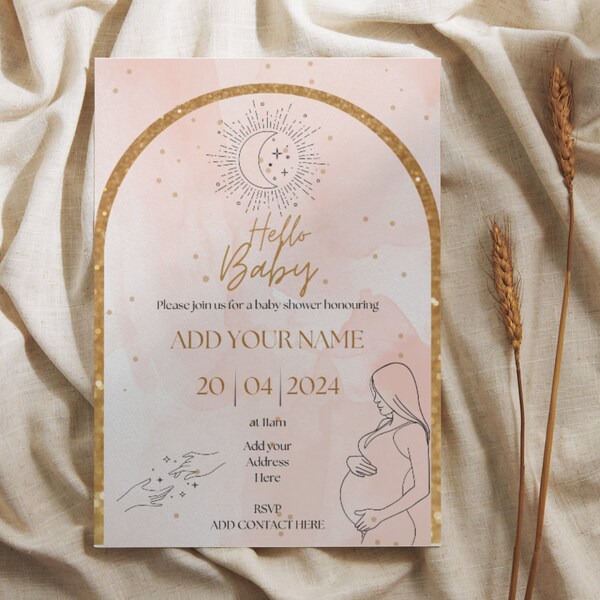 Stunning Celestial Baby Shower Invites - Pink & Gold, Editable Canva Link, Instant Download PDF