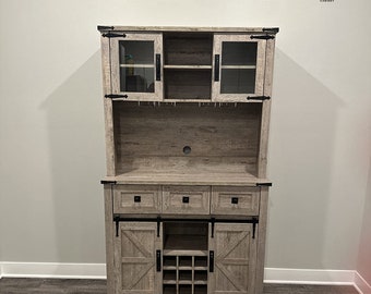 Farmhosue Bar Cabinet with Sliding Barn Door, Large Kitchen Buffet with Hutch w/Wine & Glasses Rack