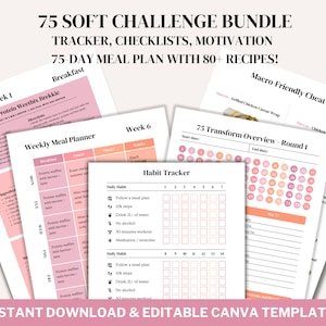 75 Soft Transform Challenge Bundle Printable Canva Editable Template Fitness Tracker with Recipes image 1