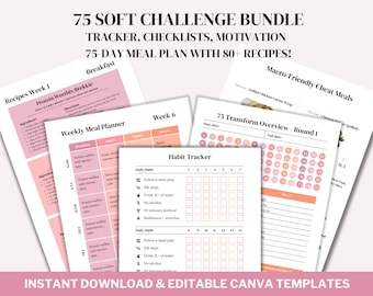 75 Soft Transform Challenge-bundel afdrukbaar + Canva bewerkbare sjabloon Fitness Tracker met recepten