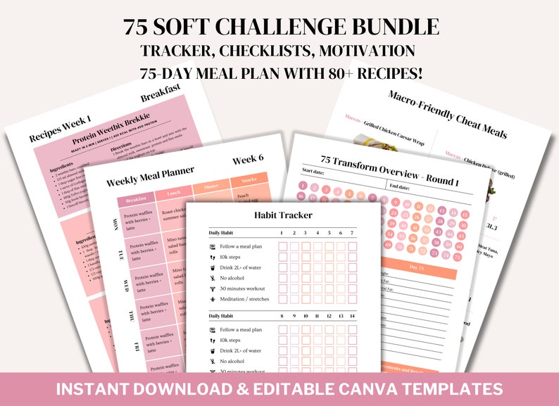 75 Soft Transform Challenge Bundle Printable Canva Editable Template Fitness Tracker with Recipes image 1