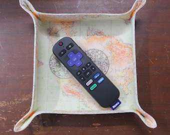 Travel Tray Valet Catch All for Night Stand Cotton Fabric World Map Print