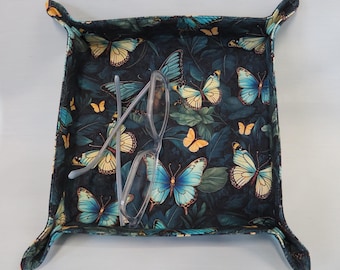 Travel Tray Valet Catch All for Jewelry Accessories  Cotton Fabric Blue Butterflies