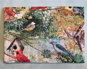 Checkbook Cover Cotton Fabric Top Stub Wild Birds Birdhouses