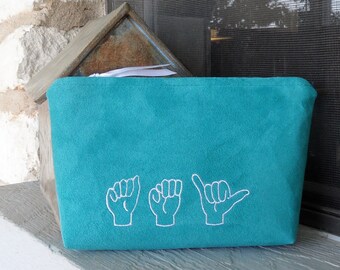 Custom American Sign Language ASL Zippered Cosmetic Makeup Bag Ultra Suede Custom