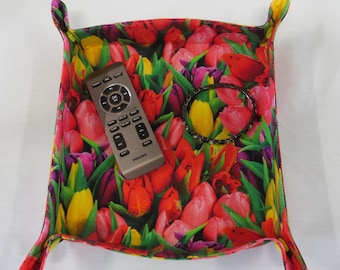 Travel Tray Valet Catch All for Night Stand Accessories  Cotton Fabric Tulips Flowers