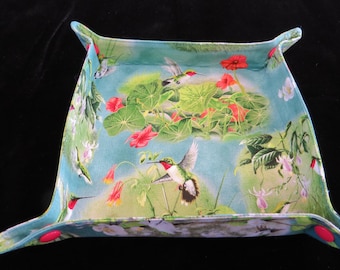 Travel Tray Valet Catch All for Jewelry Accessories  Cotton Fabric Hummingbirds