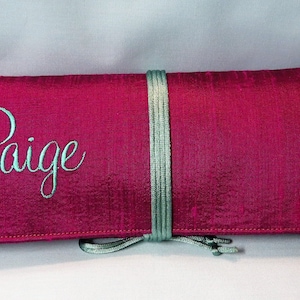 Custom Monogram Jewelry Roll for Travel Silk Dupioni Large with Satin Cord Tie