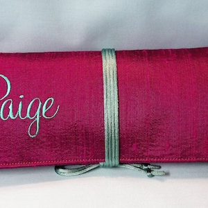 Custom Monogram Jewelry Roll for Travel Silk Dupioni Large with Satin Cord Tie NEW FONTS