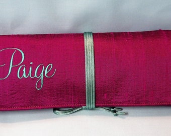 Custom Monogram Jewelry Roll for Travel Silk Dupioni Large with Satin Cord Tie NEW FONTS