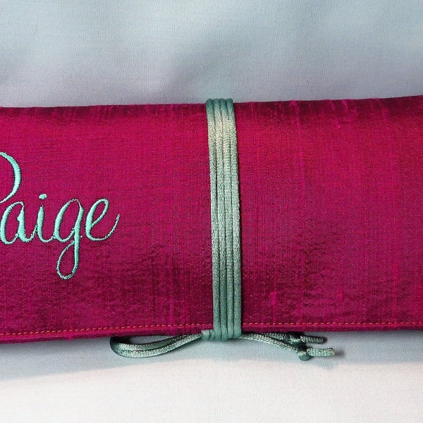 Custom Monogram Jewelry Roll for Travel Silk Dupioni Large with Satin Cord Tie NEW FONTS