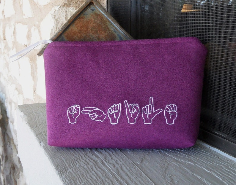 Custom American Sign Language ASL Zippered Cosmetic Makeup Bag Ultra Suede Custom image 2