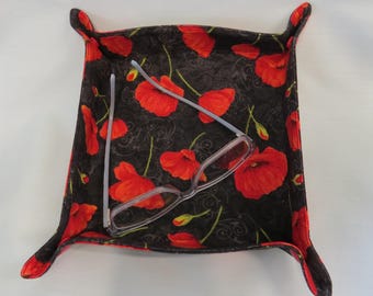 Travel Tray Valet Catch All for Jewelry Accessories  Cotton Fabric Flowers Red Poppies