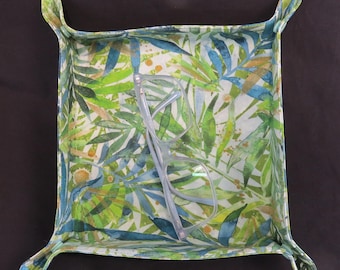 Travel Tray Valet Catch All for Night Stand Cotton Fabric Botanical Green Leaves