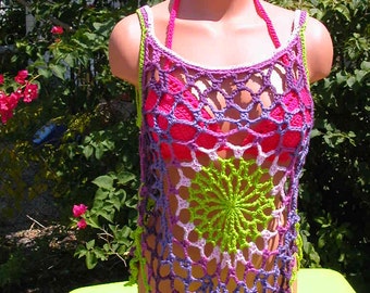 Crochet Lime, Pink, Purple Mandala Top, Beach Cover, Tank Top, medium