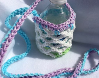 Green, Aqua, Purple & White Short Crochet Water Bottle Carrier