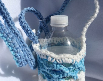 Blue & White Short Crochet Water Bottle Carrier