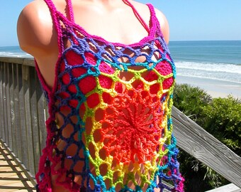 Crochet Rainbow Mandala Top, Beach Cover, Tank Top, small