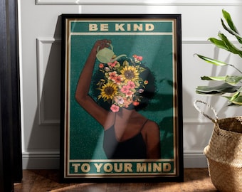 Vintage-Poster „Be Kind to Your Mind“, Retro-Musik-Kunstdruck, positive Wanddekoration, inspirierende Geschenkidee – mehrere Größen