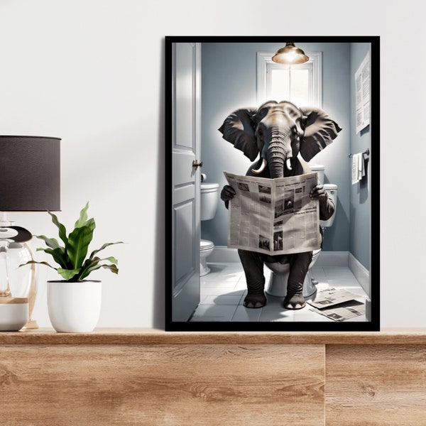 Elephant Reading on Toilet Poster - Humorous Animal Bathroom Wall Art, Ideal Gift, Various Sizes