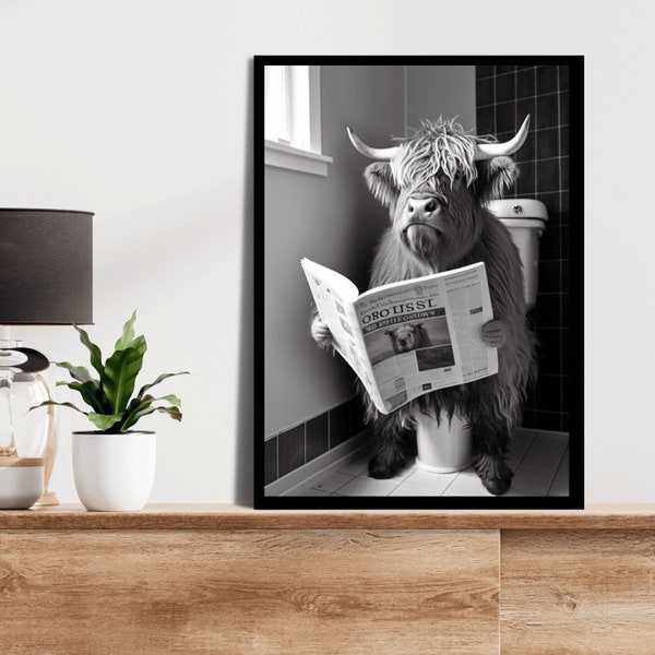 Poster - Highland Cow on Toilet Reading Newspaper, Funny Bathroom Wall Art, Unique Humor Gift, AI Digital Art in Multiple Sizes