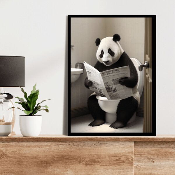 Panda Reading on Toilet, Humorous Bathroom Wall Art, Unique Animal Gift, Funny Home Decor 21x30 to 70x100 cm