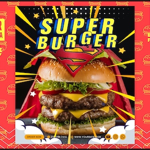 Puede incluir: Una hamburguesa de doble piso con una capa de superhéroe roja y amarilla, con el texto "SUPER BURGER" en una fuente de estilo cómic. El fondo es negro con estrellas amarillas y rayos de luz blancos. El texto "ORDER NOW" está en la parte inferior de la imagen.