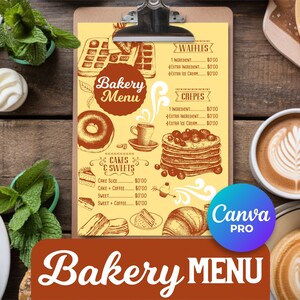 Bäckerei-Menü, bearbeitbares Bäckerei-Menü, Desserts-Menüvorlage, Bäckerei-Flyer, Bäckerei-Illustrationen, Bäckerei-Business, Preisliste für süße Leckereien