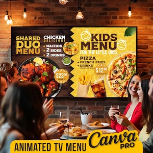 Pizarra de TV, Menú de video para restaurantes, Menú de TV animado, Menú digital Canva, Menú de pizarra de TV, Menú digital moderno, Menú de comida para folletos, Menú de TV e historia