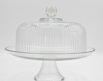 Vintage Clear Ribbed Glass Cake Stand with Dome - Classic Display Piece
