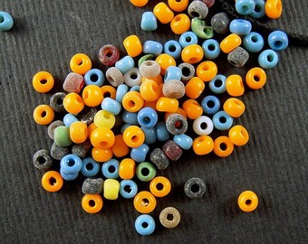 UNIQUE Rustic Citrus & Delft Blue Blend - 1.5x3mm - Antique Italian Glass Seed Bead Mix - Flat Rocailles for OOAK Jewelry Making - CV366