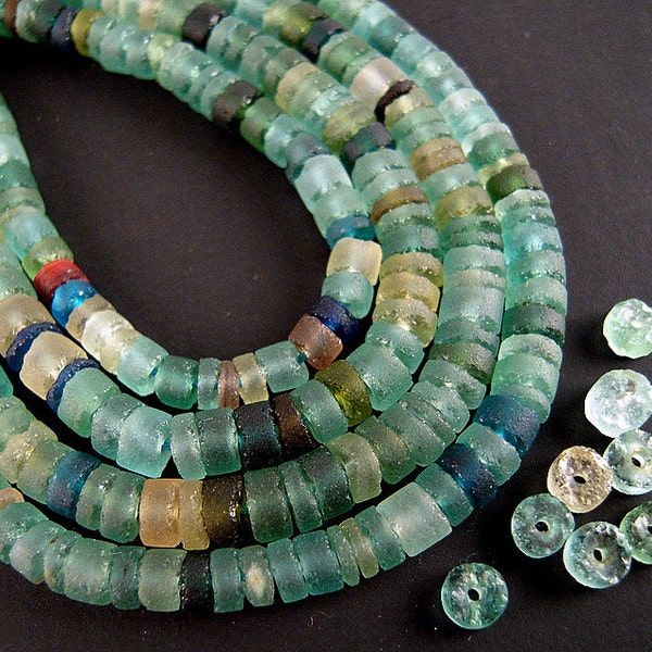 30 TINY RUSTIC Ancient Roman Glass Heishi Beads, 1x2mm, 2x3mm, Matte Bactrian Glass, Aqua Blue, Ancient Green, Excavation Bead EX14
