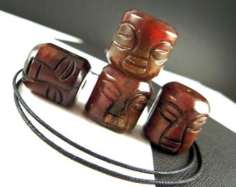 4 UNIQUE Carved Stone African Face Beads - 14mm to 18mm - Rustic Vintage Hand Carved Dark Agate Beads for Tribal Jewelry Making - FB