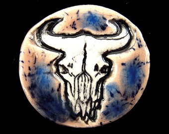 Blue Buffalo Ceramic Skull Bead - 34mm - "Northern Lights" Custom Glaze - Stoneware Clay - Southwestern Pendant for Macrame & Necklace  SA14