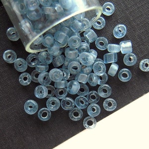May include: A close-up of a glass jar filled with light blue glass beads. The beads are round and have a hole in the center. The beads are scattered on a black surface.