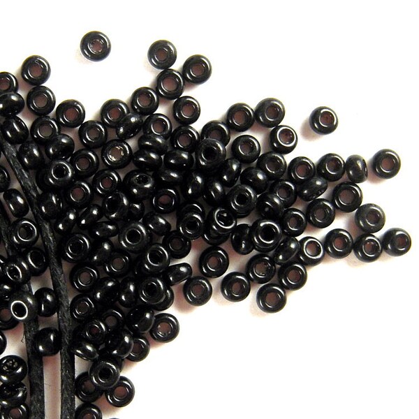 TINY Glossy Black Vintage Italian Glass "Ring" Seed Beads - 1x2mm - Opaque Black Venetian Glass Spacers for Detailed Beading Projects  CV374