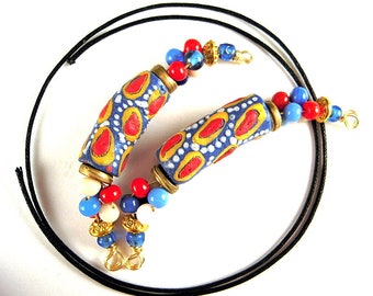 Artisan Assemblage Beaded Connector Set - 2.75 Inch - Bright African Recycled Glass Focal w/ Colorful India Glass Beaded Clusters - AB02