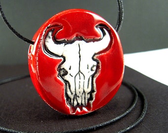 Buffalo / Bison Bead - Glazed Candy Apple Red - 33mm - Stoneware Clay Southwestern Buffalo Skull Bead for Jewelry Making & Macrame - SA20