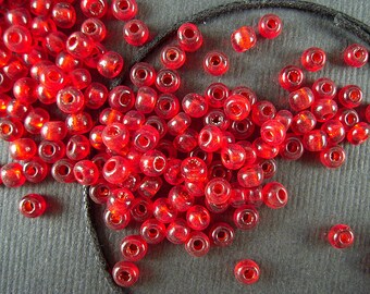 RARE Translucent Berry Red Antique Italian Glass Seed Beads - 3.1mm - Lightly Oxidized Picasso Finish - Clear Red Venetian Glass Beads CV250