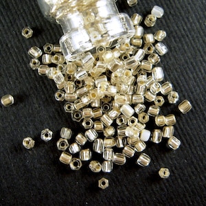 Clear Taupe Silver-Lined Short Hex Antique Italian Glass Beads - 1x1 to 1x2mm - Hexagonal Clear-Silver Venetian Glass Bugle Beads - CV221