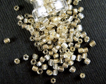 Clear Taupe Silver-Lined Short Hex Antique Italian Glass Beads - 1x1 to 1x2mm - Hexagonal Clear-Silver Venetian Glass Bugle Beads - CV221