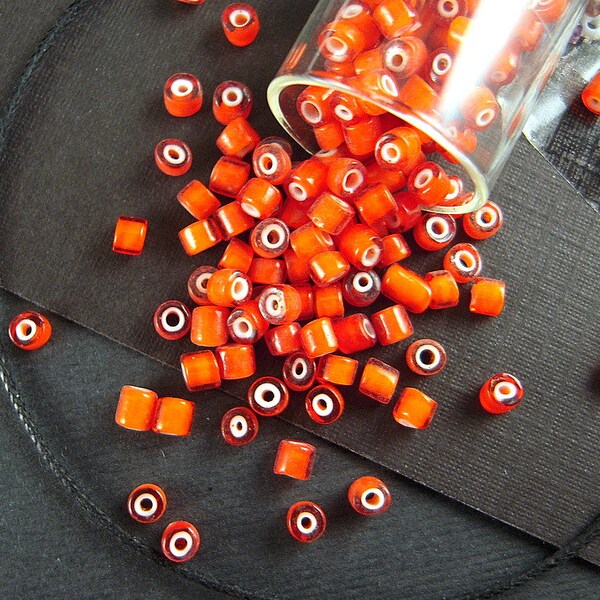 Petite Vivid Orange White Heart Trade Beads - 3mm - Short Tube - Vintage to Antique Italian Glass Beads for Jewelry & Tribal Beadwork  CV405