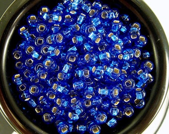 6/0 Bright Clear Blue Silver Lined Czech Glass Seed Beads - 4mm - 22.7 Grams - 2 Full Strands - Blue Glass Seed Beads w/ Square Holes  SB155