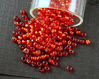 RARE Vivid Ember Orange-Red Antique Italian Glass Seed Beads - 2.1mm - TINY Victorian Orange Glass Beads w/ Oxidized Silver Linings - CV237