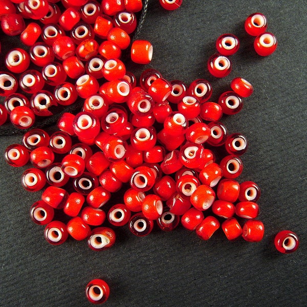 STUNNING Cherry Red Antique White Heart Beads - 3x3.5mm - Squat Rondele - Limited Antique Italian Glass Beads for Traditional Beadwork CV371