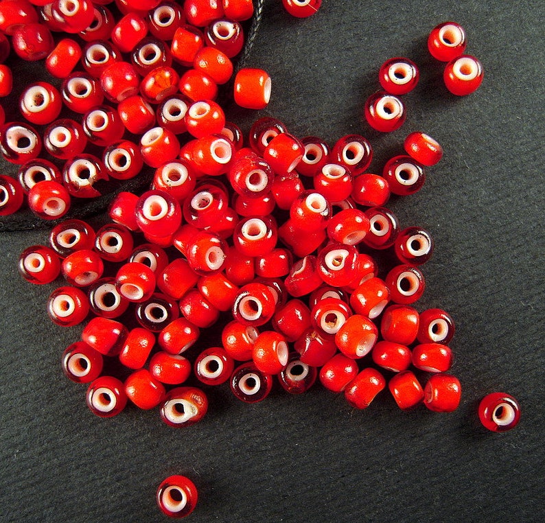 STUNNING Cherry Red Antique White Heart Beads 3x3.5mm Squat Rondele Limited Antique Italian Glass Beads for Traditional Beadwork CV371 image 1